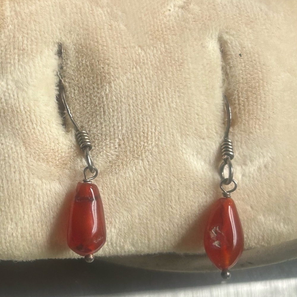 Vintage Carnelian Dangle Earrings Sterling Silver Teardrop Boho Jewelry Artisan - Picture 5 of 9
